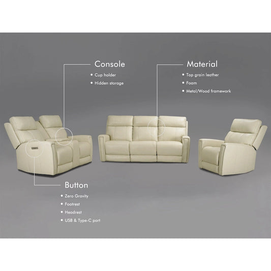 Genuine Leather 3-Piece Power Reclining Sofa Set with Power Headrest and USB&USB-C Port, Zero Gravity