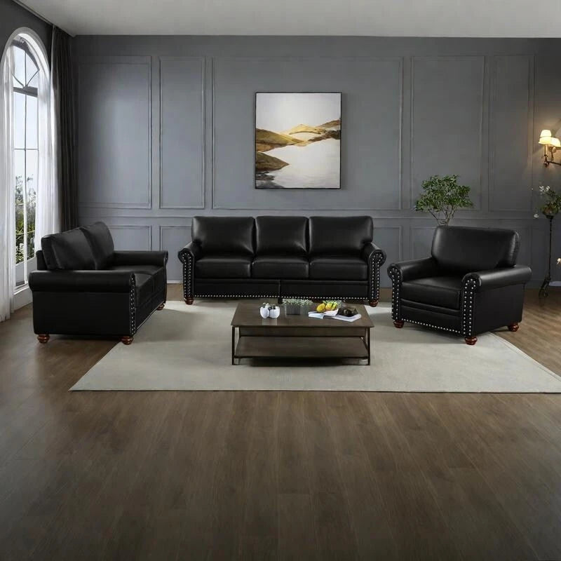 3-pieces Mid-Century Modern Faux Leather Sofa Set with Storage, 1+2+3 Seater