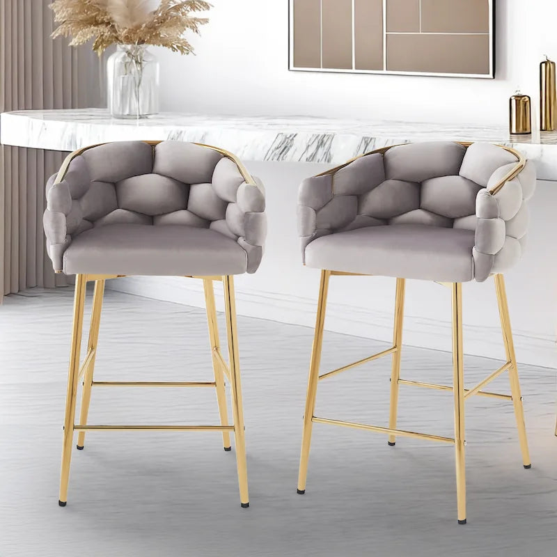 Modern 28-Inch Set of 2 Bar Stools with Velvet Padded Backrest Seat, Metal Legs for Dining Room Living Room and Bedroom