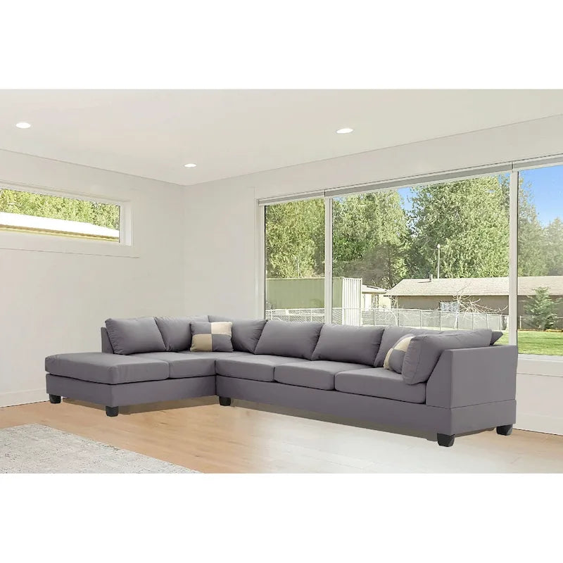 Reversible Faux Leather 4-Seater Sectional Sofa with Throw Pillows - 111 - Gray