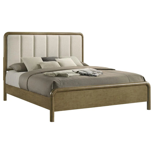 Deon King Bed, Vertical Channel Tufted Beige Boucle Upholstery, Brown