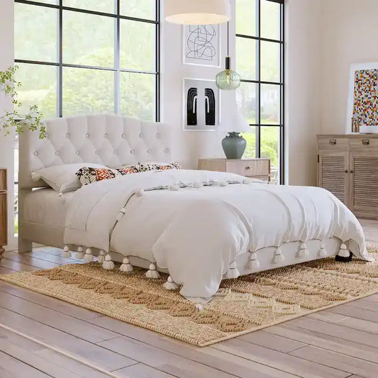Platform Bed Frame with Saddle Curved Headboard, Modern Medieval Royal Style Platform Bed with Diamond Tufted Details