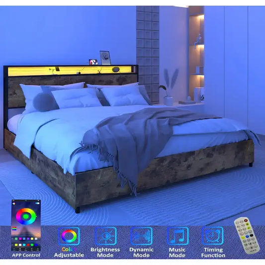 King Smart Storage Bed with LED Lights And Charging Station , 4 Drawers, 60,000+ RGB Colors