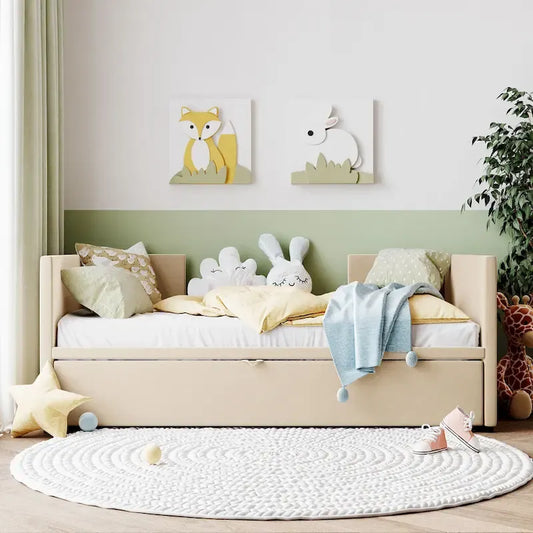 Beige Upholstered Twin Daybed with Pop-Up Trundle