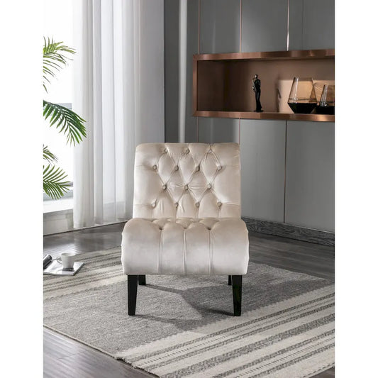 Beige 22.83 Buttons Tufted Accent Chair with Wooden Legs