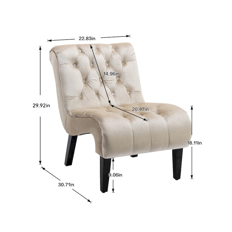 Beige 22.83 Buttons Tufted Accent Chair with Wooden Legs