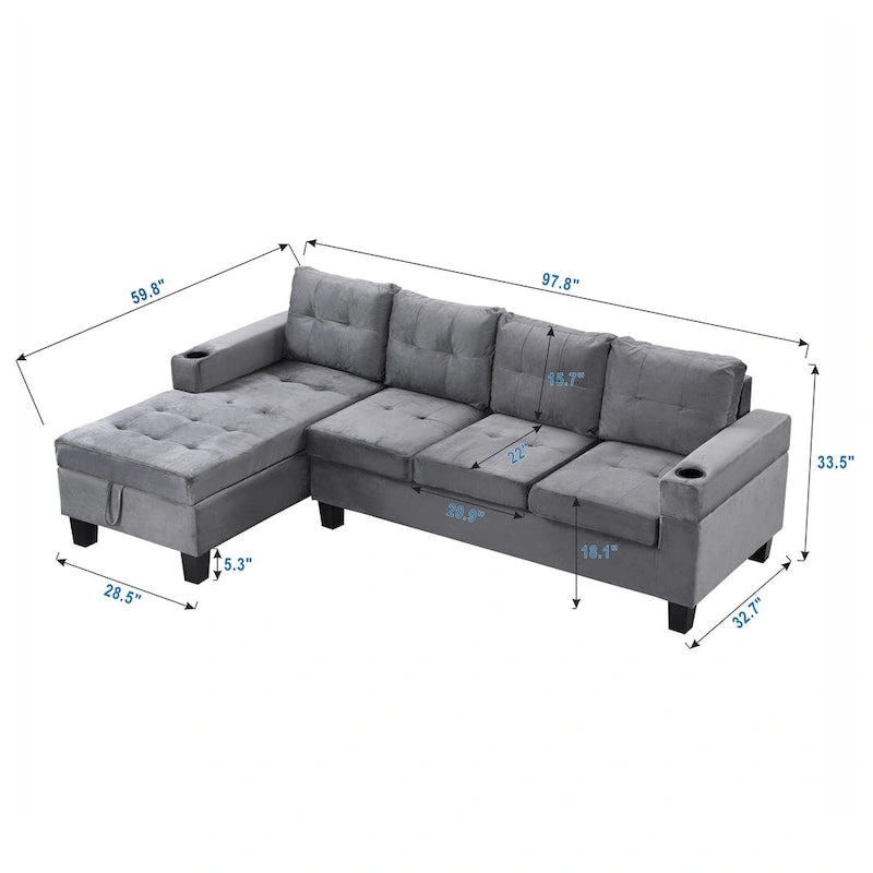 Grey 97.8 Modern 4-Seat Sofa Set with Storage Chaise