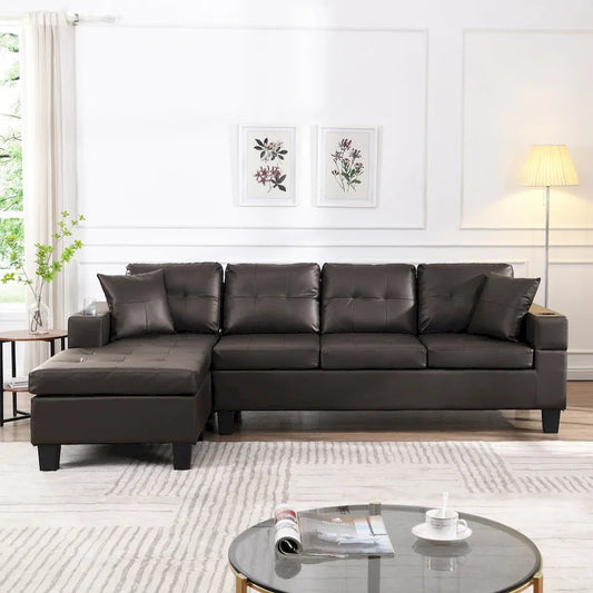 Brown 96.06 Modern L-Shaped 4 Seater Sectional Sofa with Chaise Lounge, Cup Holders, and Throw Pillows