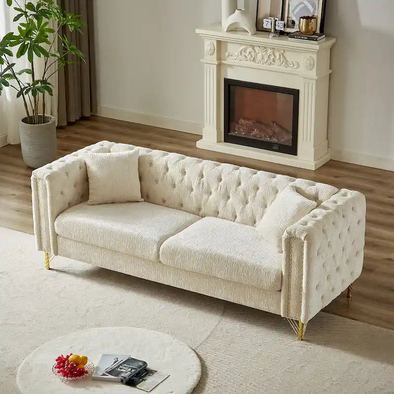 Chenille Tufted Upholstered 3-seater Sofa with Metal Legs