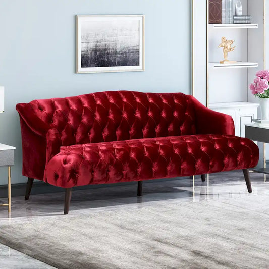 Wine Red Modern 73.25 Button Tufted 3-seater Sofa with Birch Wood Legs for Living Room
