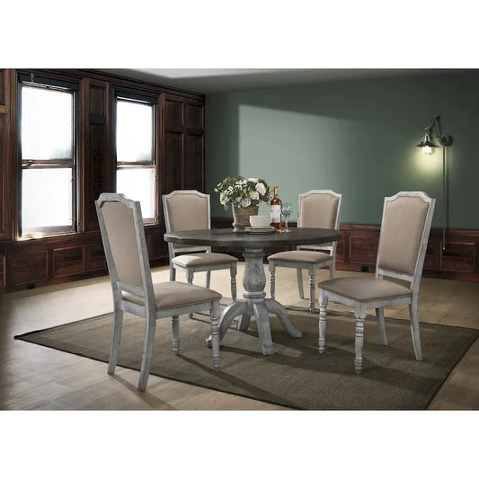 Vintage Style 5-Piece Weathered Finish Dining Set with Round Pedestal Table and 4 Upholstered Dining Chairs