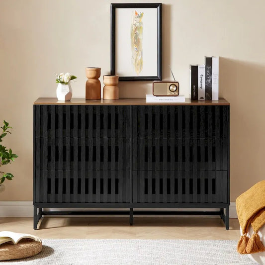 Modern Storage Cabinet with Grille Striped Doors and 6 Drawers for Living Room
