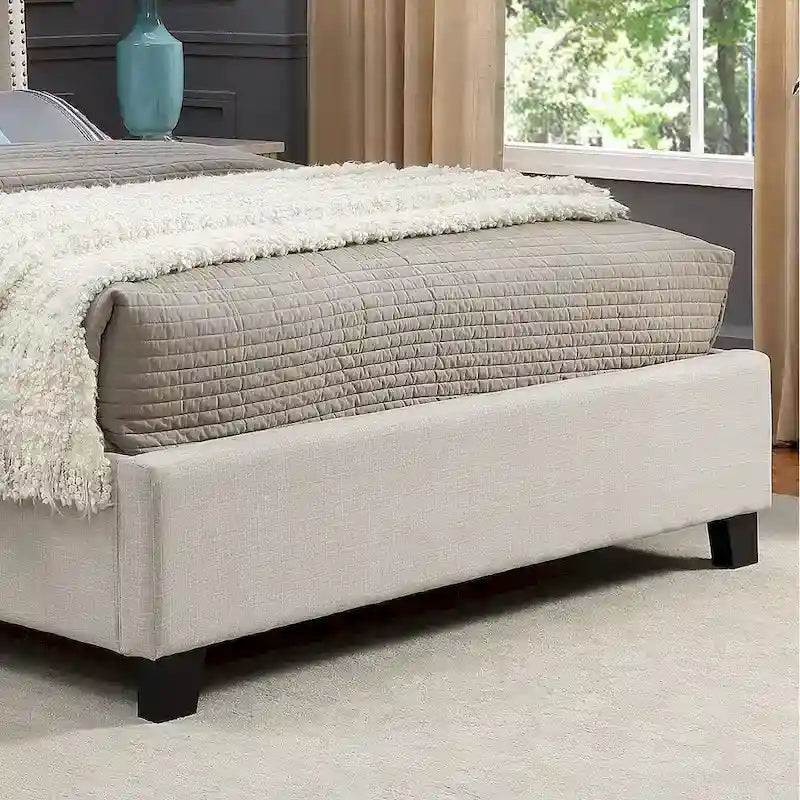 Beige Upholstered Polyester Platform Bed with Button Tufted Wingback