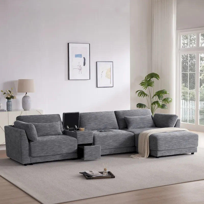 124 Chenille 4-Seater L-Shaped Sofa with Storage Console, USB
