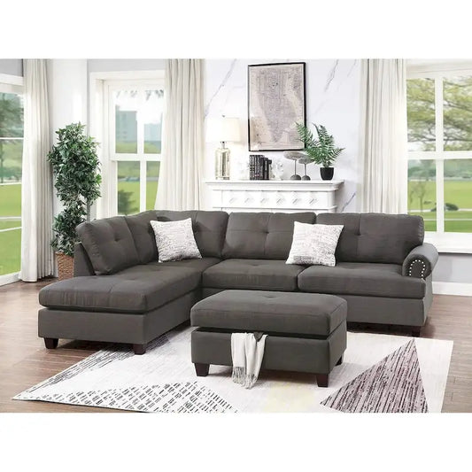 Poundex 3 Piece Fabric Sectional Sofa Set with Storage Ottoman