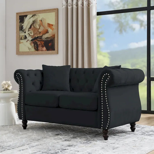 58.8 Chesterfield Sofa Black Velvet for Living Room, 2 Seater Sofa Tufted Couch with Rolled Arms and Nailhead for Living Room,
