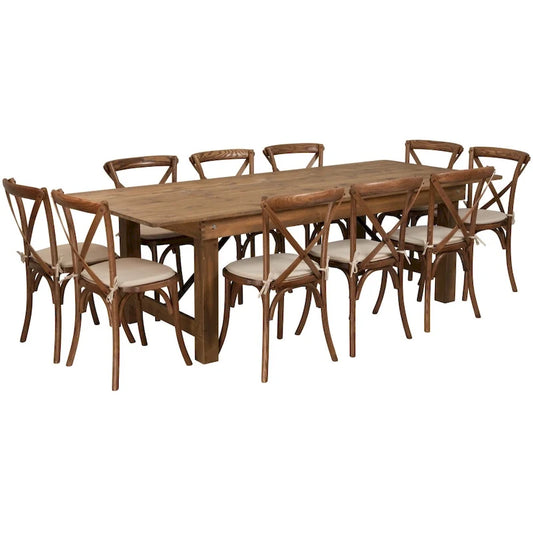 8' x 40 Rustic Folding Farm Table Set with 10 Cross Back Chairs and Cushions