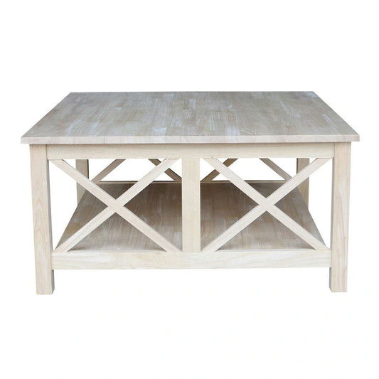 Square Unfinished Solid Wood Coffee Table with Bottom Shelf - 36 in. W x 36 in. D x 18 in. H.