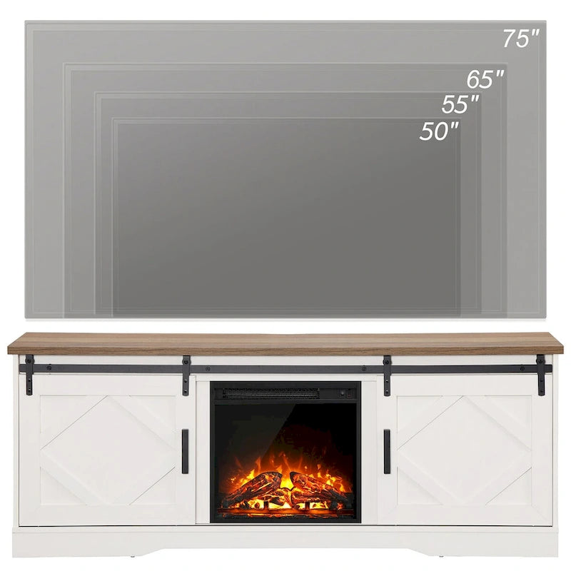 Fireplace TV Stand Farmhouse Sliding Barn Door Entertainment Center