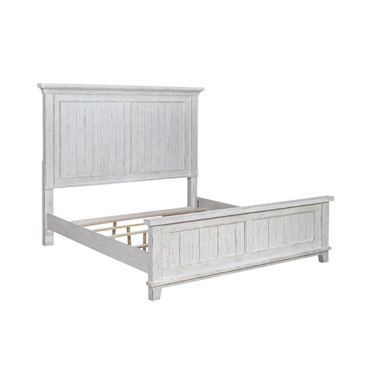River Place Riverstone White & Tobacco Panel Bed, Dresser, Mirror, and Nightstand Set