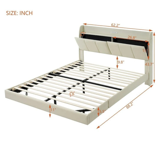 Queen Size Floating Bed Frame with Storage Headboard, Modern Upholstered Platform Bed with USB Ports