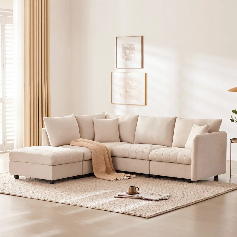 Modern 5-Seat L-Shape Sectional Sofa with Vertical Stripes, 2 Pillows, Convertible Ottoman
