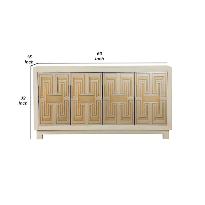 60 Inch Rustic 4 Door Sideboard Cabinet Console, White Gold Front Pattern