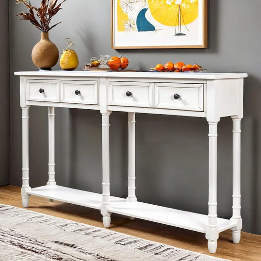 Pine Wood and MDF Styled Console Sofa Easy Assembly with Two Storage Drawers and Bottom Shelf for Living Room, Entryway