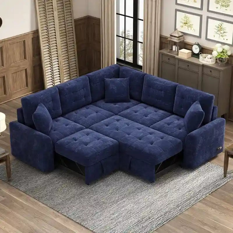 82.6 L-shape Sofa Bed,Sleeper Sofa with Wheels and USB Ports