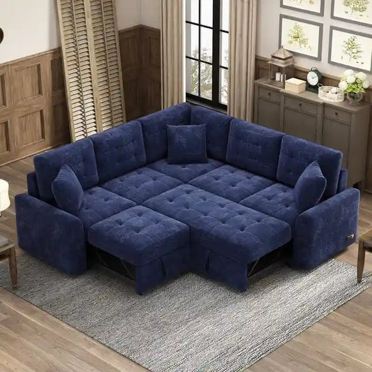82.6 L-shape Sofa Bed,Sleeper Sofa with Wheels and USB Ports