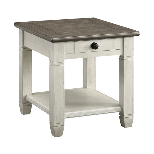 Rome 26 Inch Side End Table, Square, 1 Drawer, Brown, White, Solid Wood