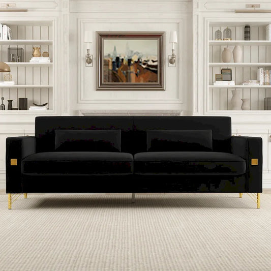 Black 85.63 Velvet 3-Seater Sofa with Gold Accents