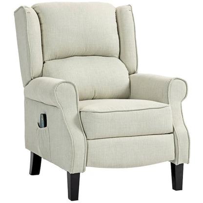 White Linen Wingback Recliner with Vibration Massage, Heat, Footrest