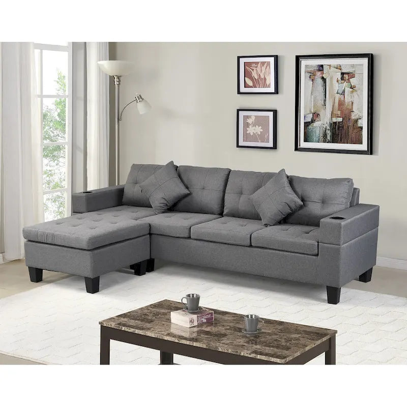 Modern Sectional Sofa Set with Cup Holders and Plush Cushions