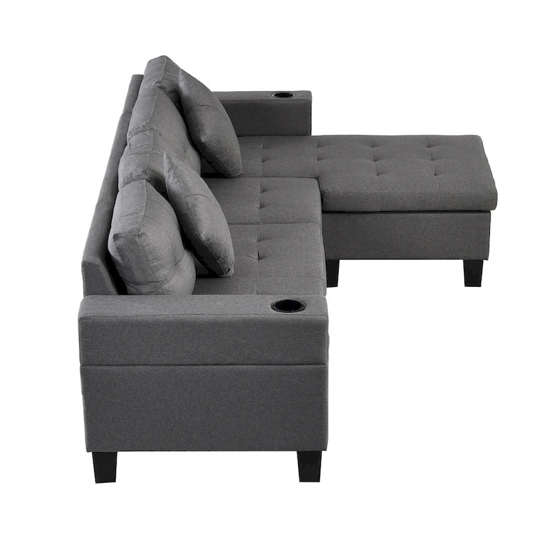 Modern Sectional Sofa Set with Cup Holders and Plush Cushions