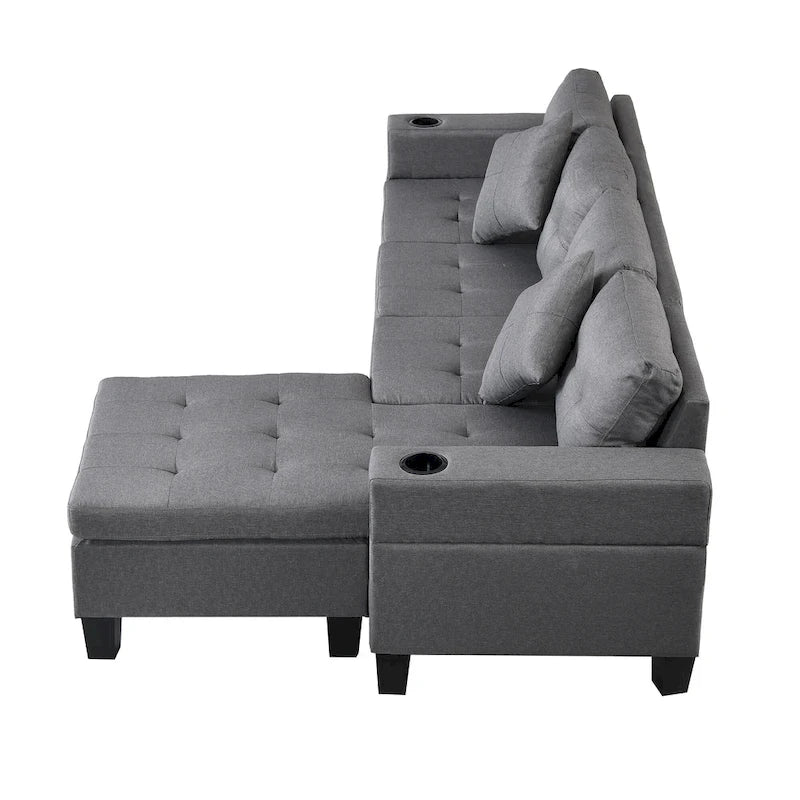 Modern Sectional Sofa Set with Cup Holders and Plush Cushions