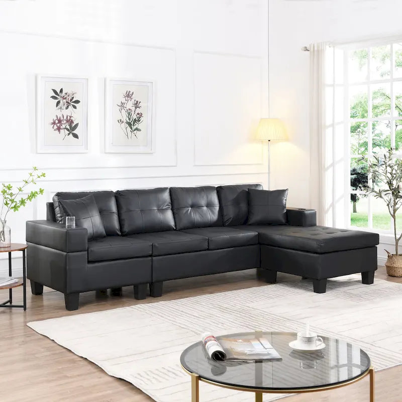 Modern Sectional Sofa Set with Cup Holders and Plush Cushions