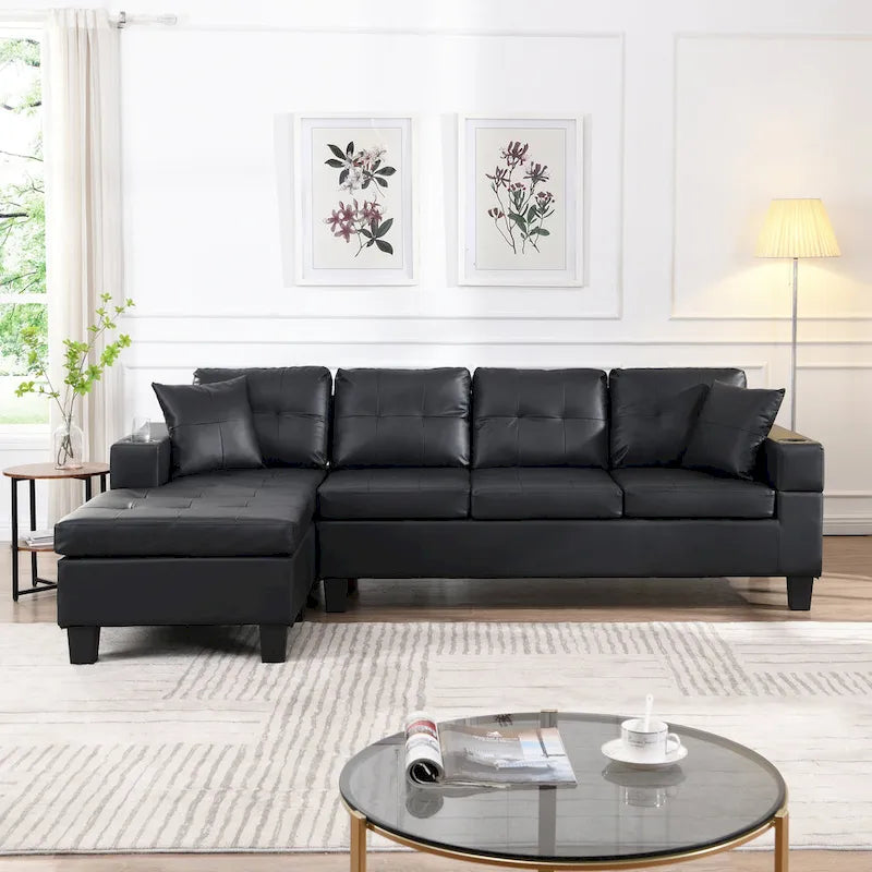 Modern Sectional Sofa Set with Cup Holders and Plush Cushions