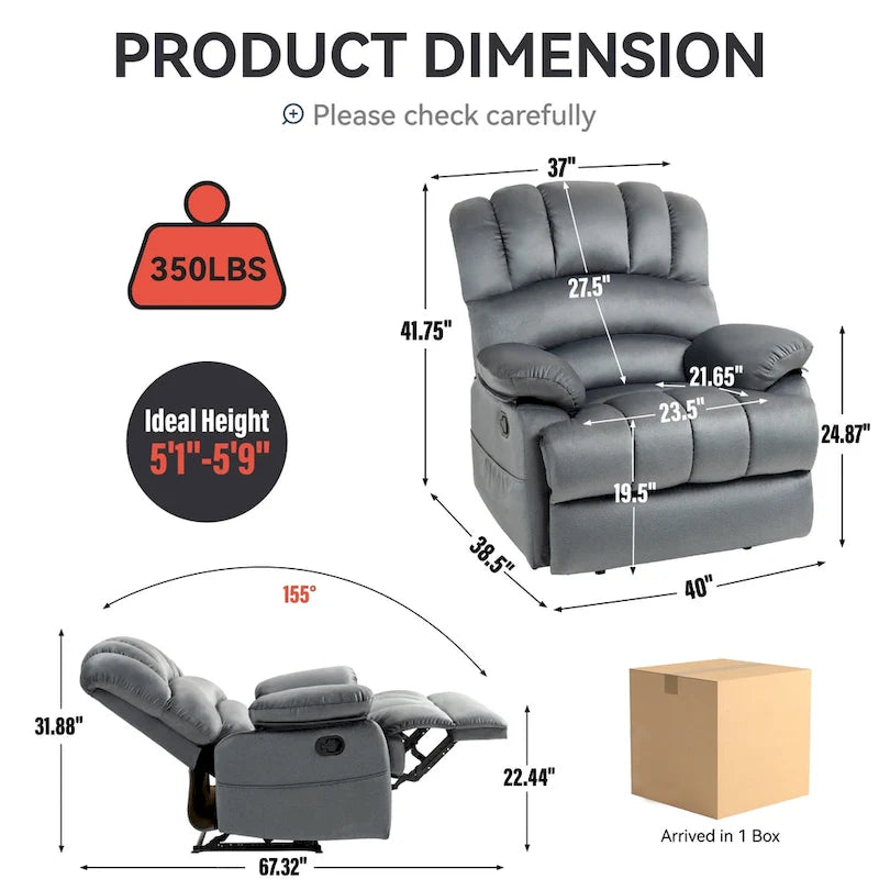 Large Manual Recliner Chair in Fabric for Living Room