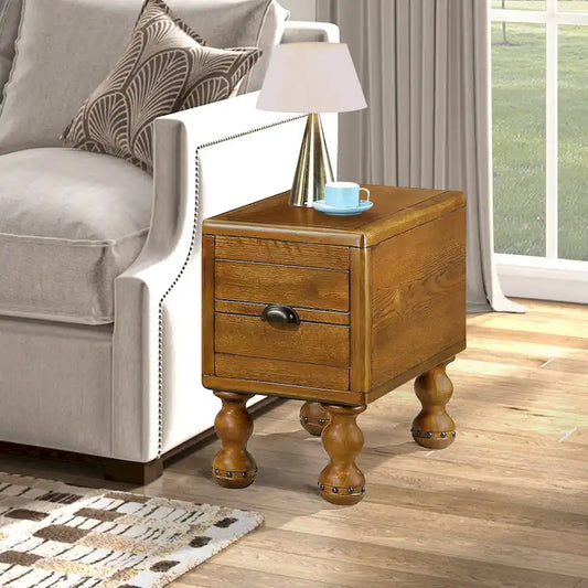 Solid Wood End Table, Rectangle 23.6 inch Narrow Side Table with Drawer, Vintage Bedside Table Nightstand for Small Spaces