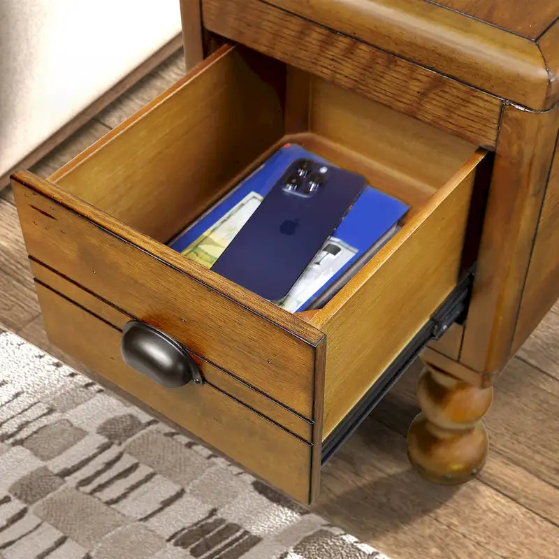 Solid Wood End Table, Rectangle 23.6 inch Narrow Side Table with Drawer, Vintage Bedside Table Nightstand for Small Spaces