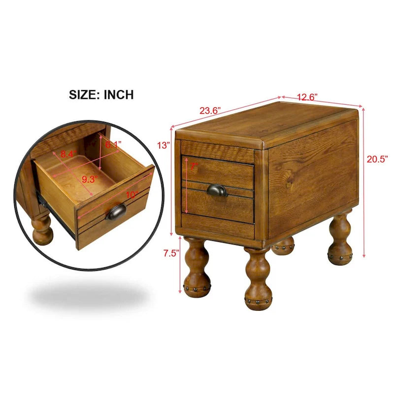 Solid Wood End Table, Rectangle 23.6 inch Narrow Side Table with Drawer, Vintage Bedside Table Nightstand for Small Spaces