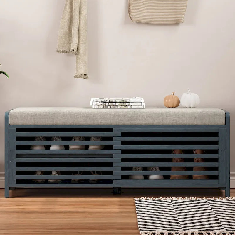 Entryway Shoe Cabinet, Distressed Shutter Storage Bench with Acacia Veneer for Retro Charm for Living Room, Entryway