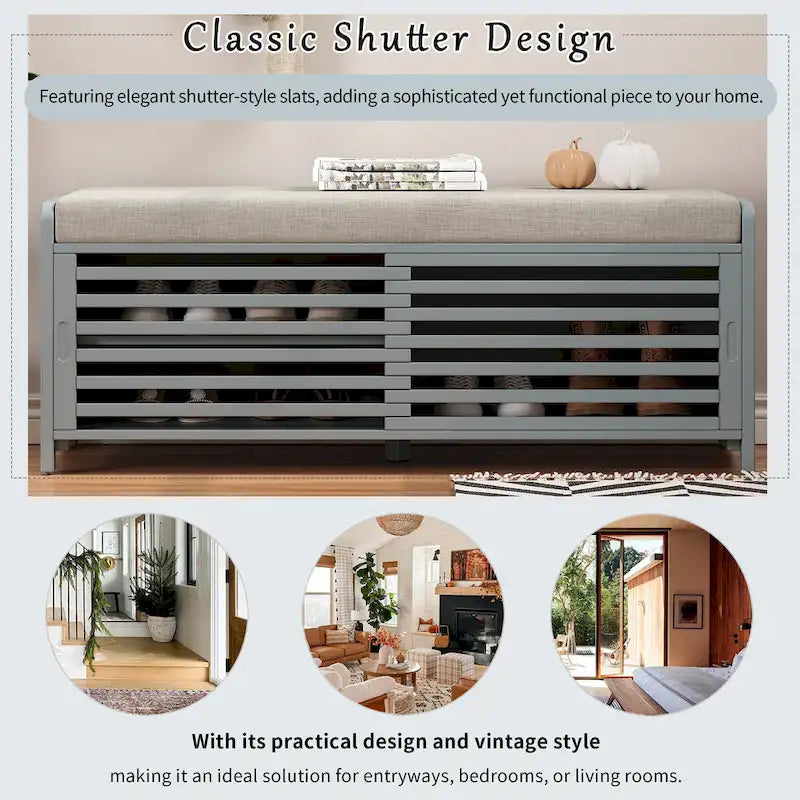 Entryway Shoe Cabinet, Distressed Shutter Storage Bench with Acacia Veneer for Retro Charm for Living Room, Entryway