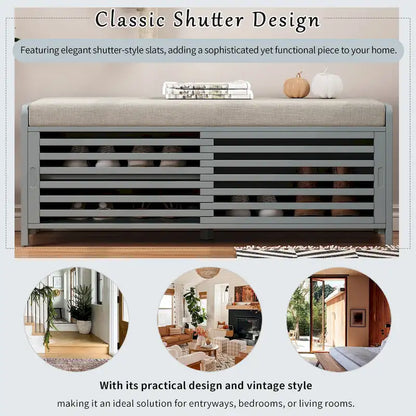 Entryway Shoe Cabinet, Distressed Shutter Storage Bench with Acacia Veneer for Retro Charm for Living Room, Entryway
