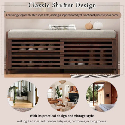 Entryway Shoe Cabinet, Distressed Shutter Storage Bench with Acacia Veneer for Retro Charm for Living Room, Entryway