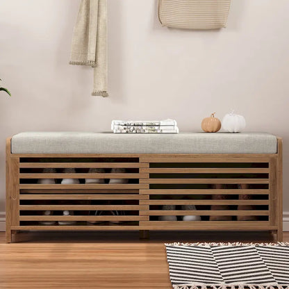 Entryway Shoe Cabinet, Distressed Shutter Storage Bench with Acacia Veneer for Retro Charm for Living Room, Entryway