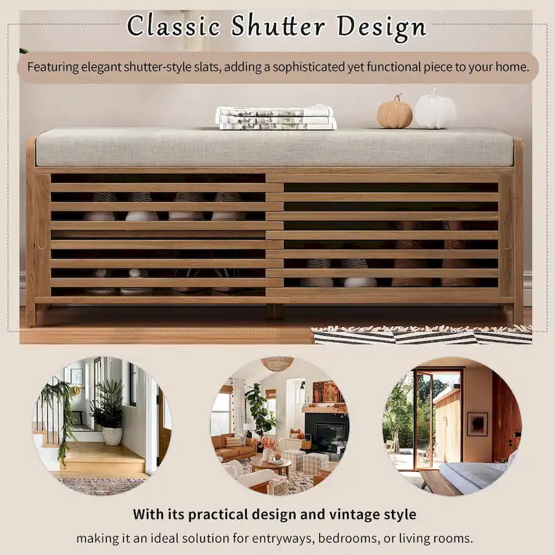 Entryway Shoe Cabinet, Distressed Shutter Storage Bench with Acacia Veneer for Retro Charm for Living Room, Entryway