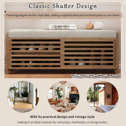 Entryway Shoe Cabinet, Distressed Shutter Storage Bench with Acacia Veneer for Retro Charm for Living Room, Entryway