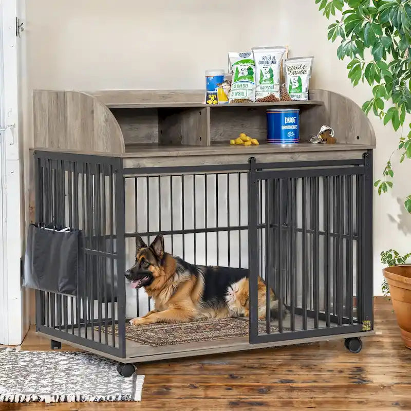 44 Heavy Duty Large Dog Crate Furniture for Large Medium Dog with Lockable Wheels, Wooden Dog Crate Dog Kennel